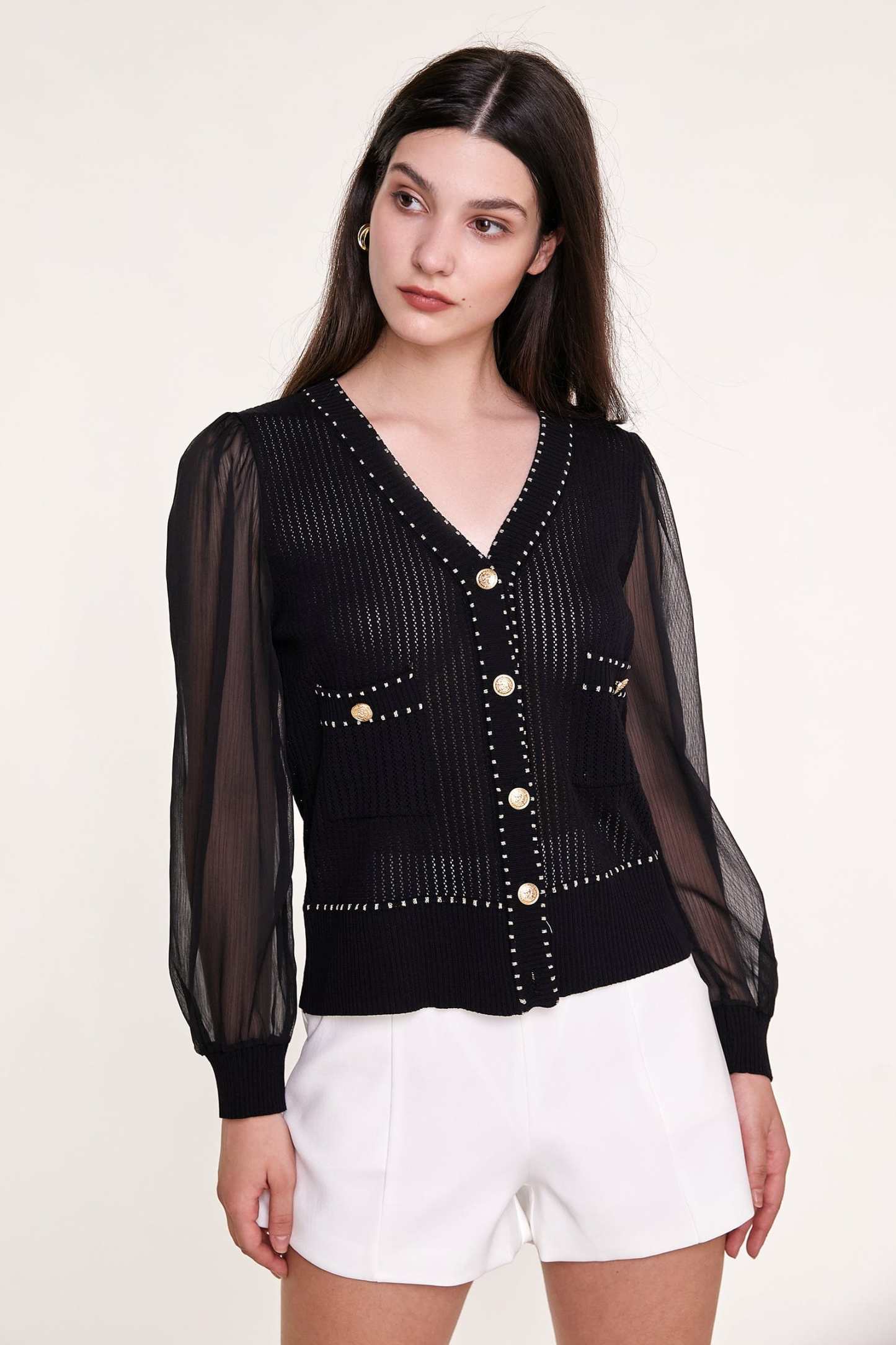 Black Sheer Long Sleeve Pointelle-Knit Cardigan With Gold Buttons