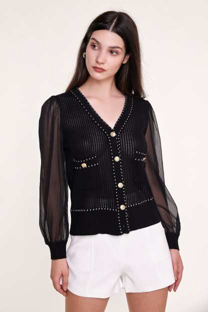 Black Sheer Long Sleeve Pointelle-Knit Cardigan With Gold Buttons