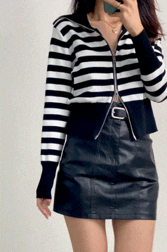 Black And White Striped Wool-Blend Collared Zip-Up Cardigan