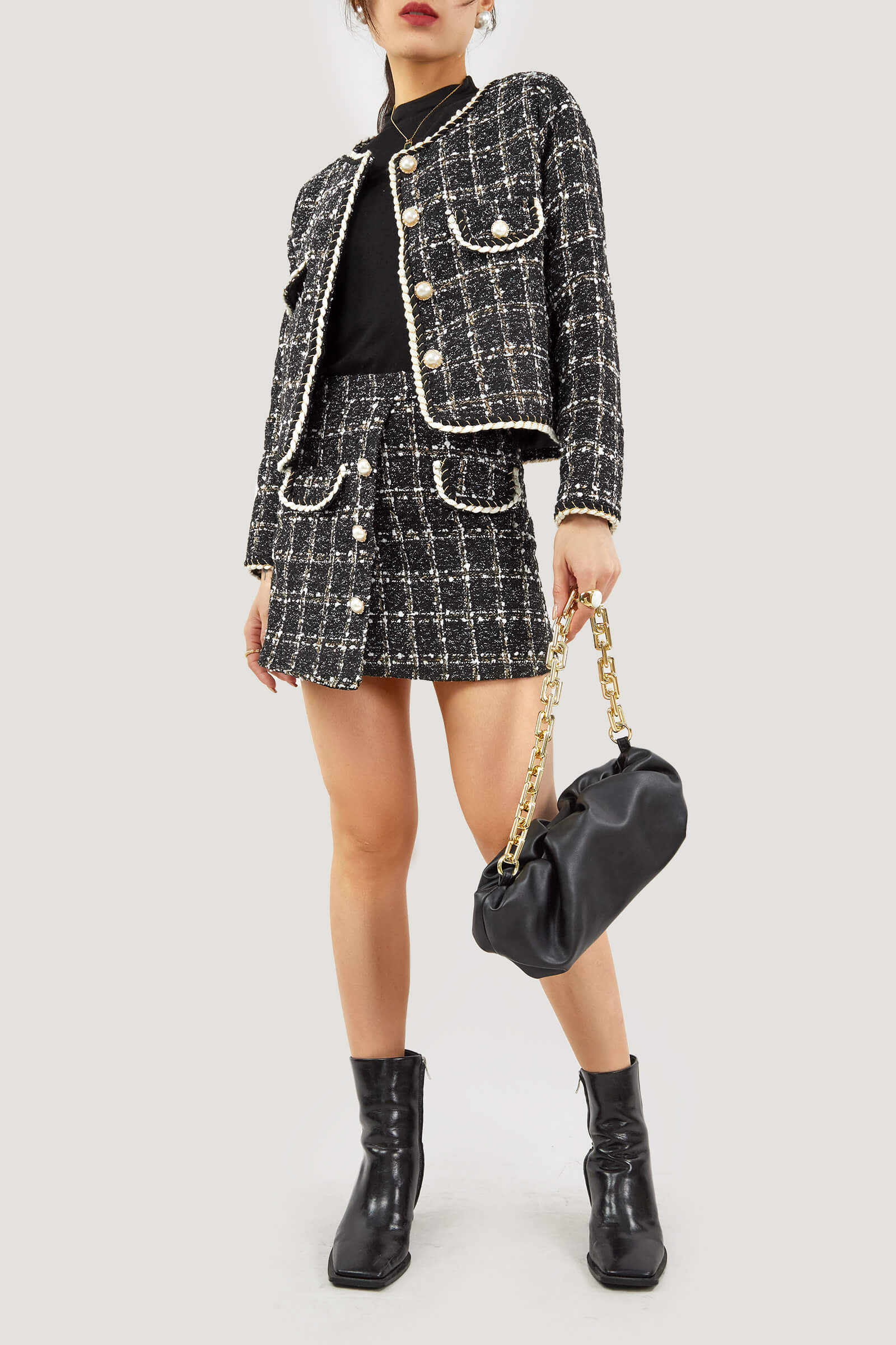 Black Plaid Tweed Fake Flap Pocket Jacket & Skirt Two-Piece Set