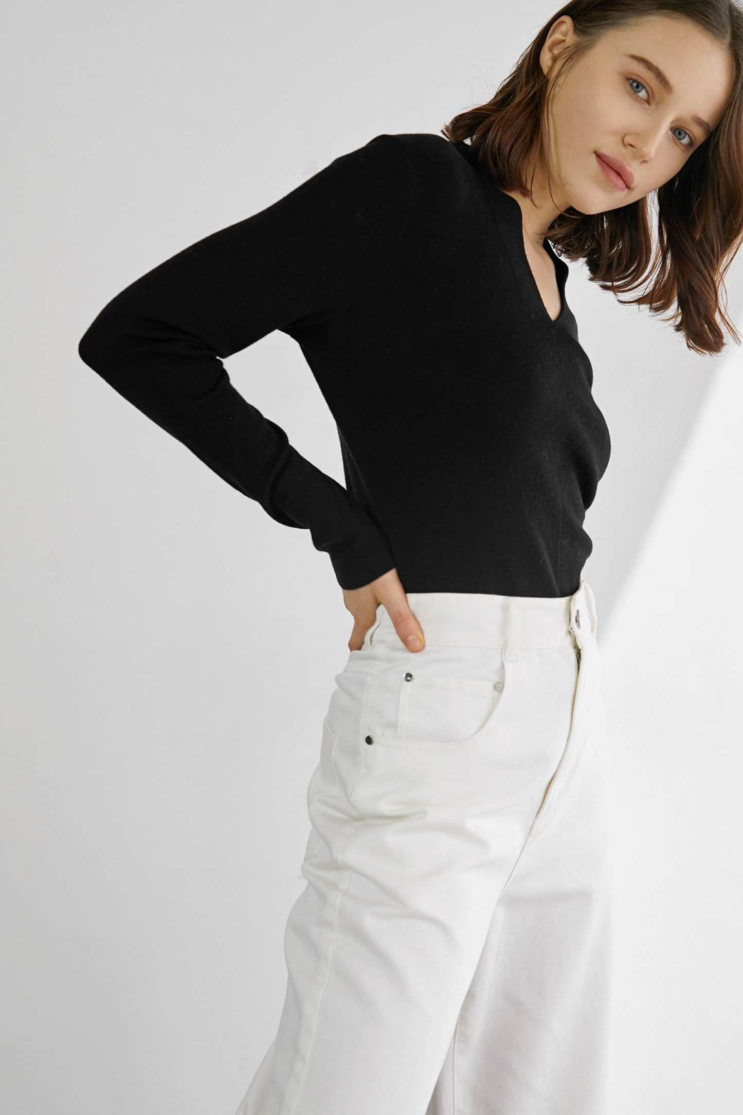 Aislin Premium Wool Black Long-Sleeve Button-Up Sweater