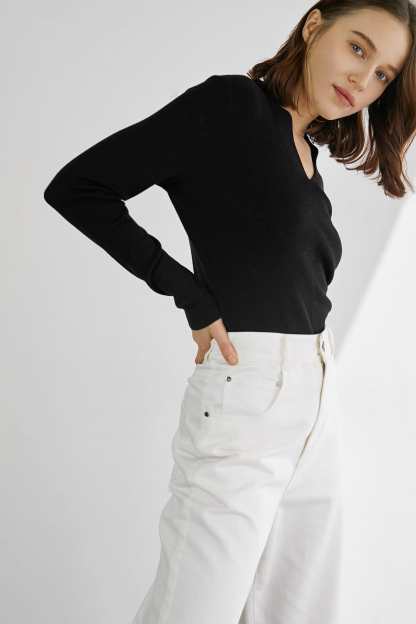 Aislin Premium Wool Black Long-Sleeve Button-Up Sweater