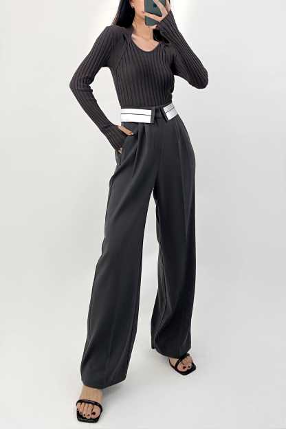 Grey Contrast Foldover Waist Wide Leg Pants