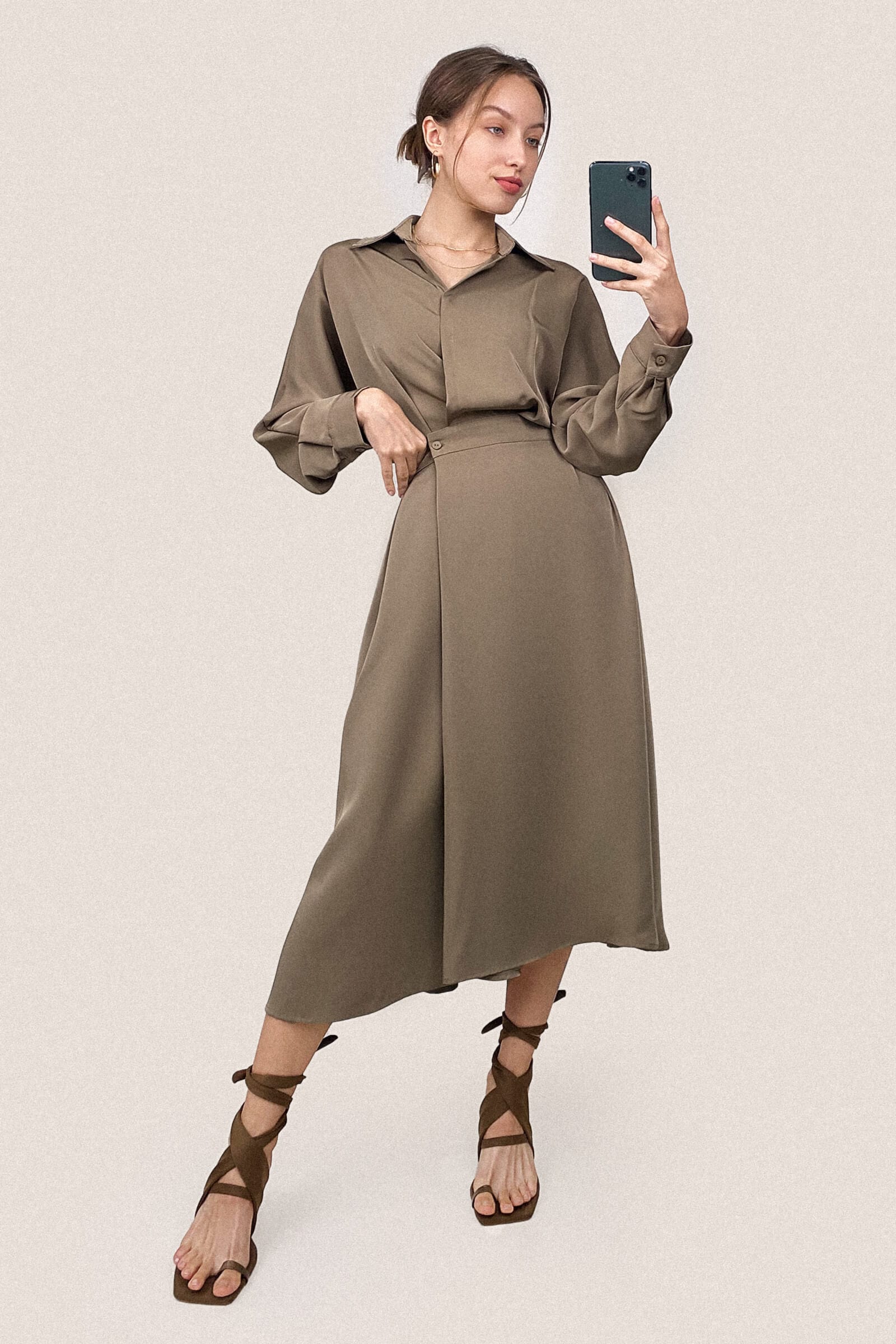 Brown Surplice Pleat Detail A-Line Maxi Shirt Dress