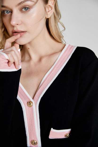 Black Contrast Trim Button Front Cardigan