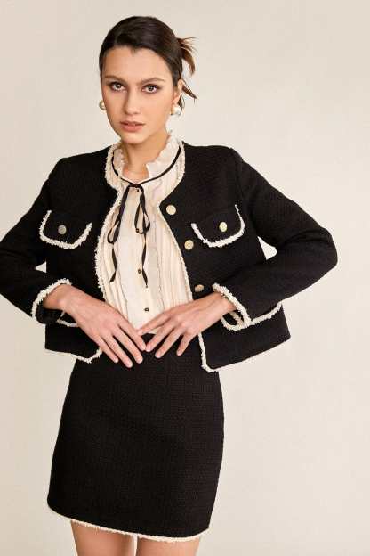 Black Contrast Frayed Trim Tweed Jacket & Mini Skirt Two-Piece Set