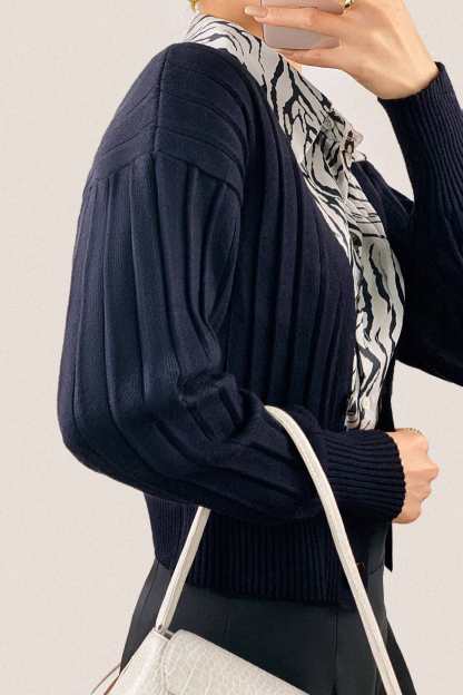 Black Plunge V-Neck Ribbed Knit Cardigan