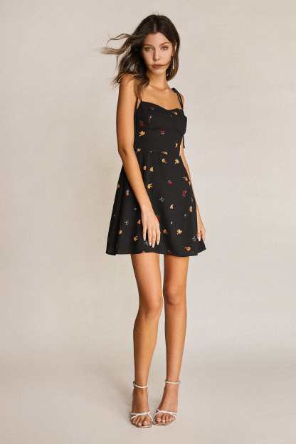 Black Fruit Print Tie Strap Sweetheart Neck Mini Dress