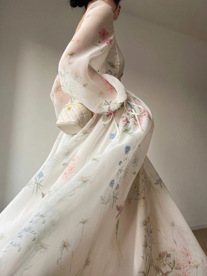 French Print Long-Sleeved Dress