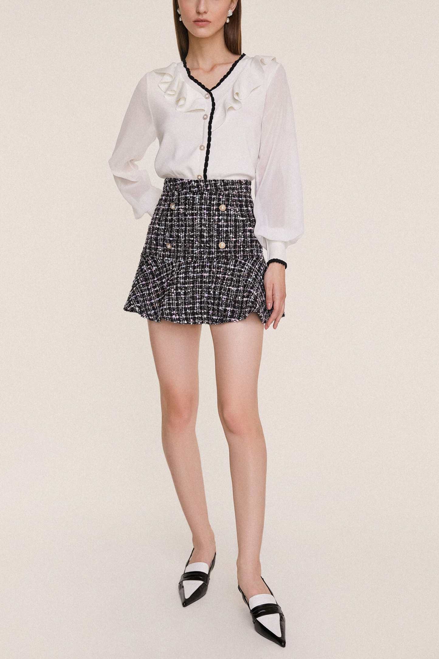 Black Flounce Hem Tweed Mini Skirt