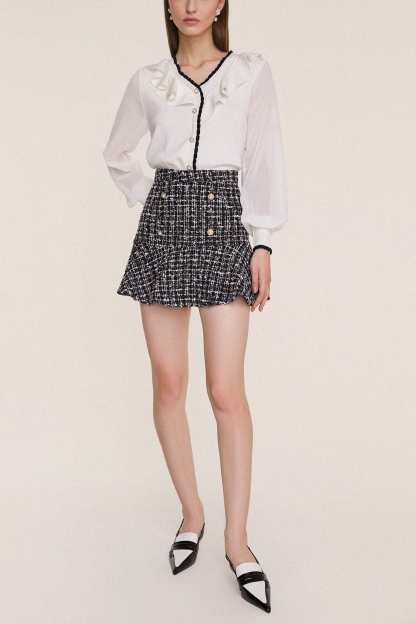 Black Flounce Hem Tweed Mini Skirt