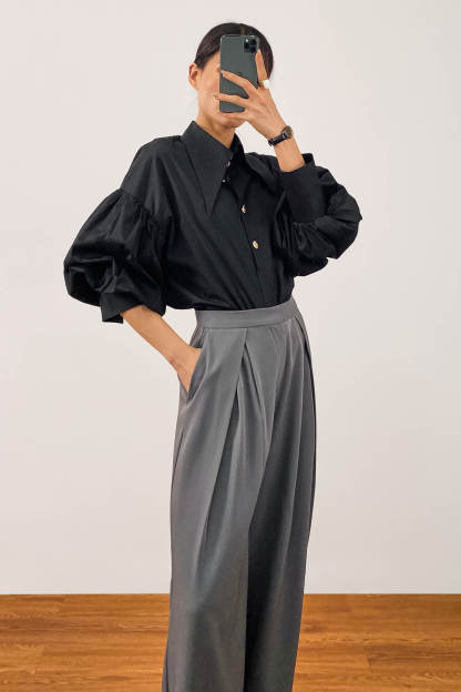 Black Pointed Collar Button Detail Lantern Sleeve Shirt