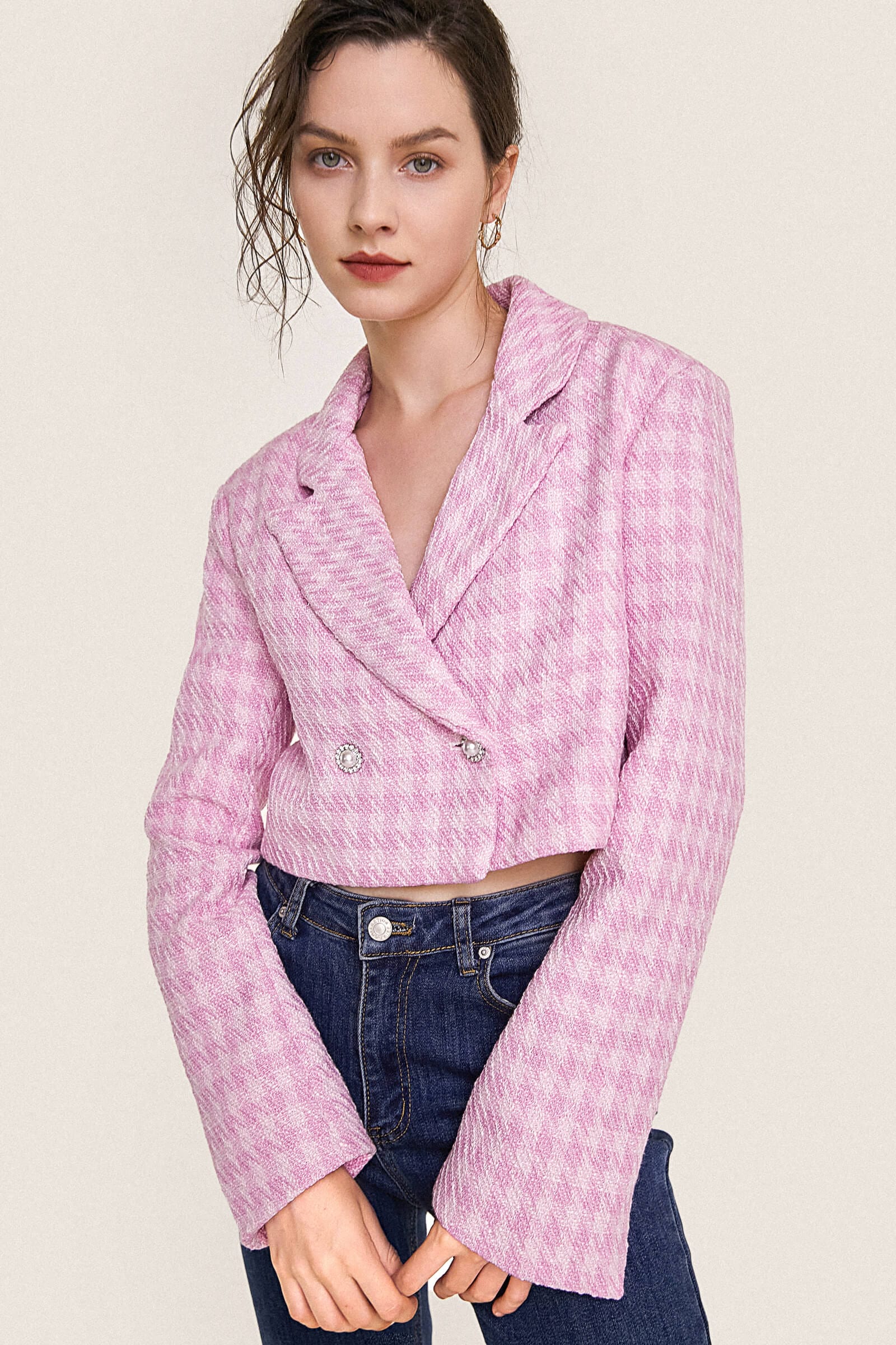 Pink Textured Houndstooth Double-Breasted Cropped Blazer