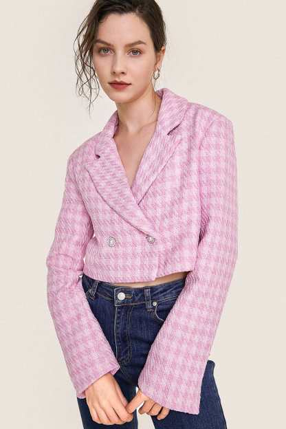 Pink Textured Houndstooth Double-Breasted Cropped Blazer