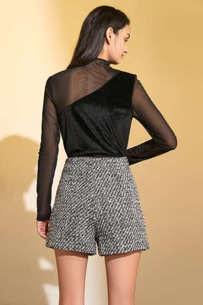 Black Long Sleeve Lace Mesh Mock Neck Blouse