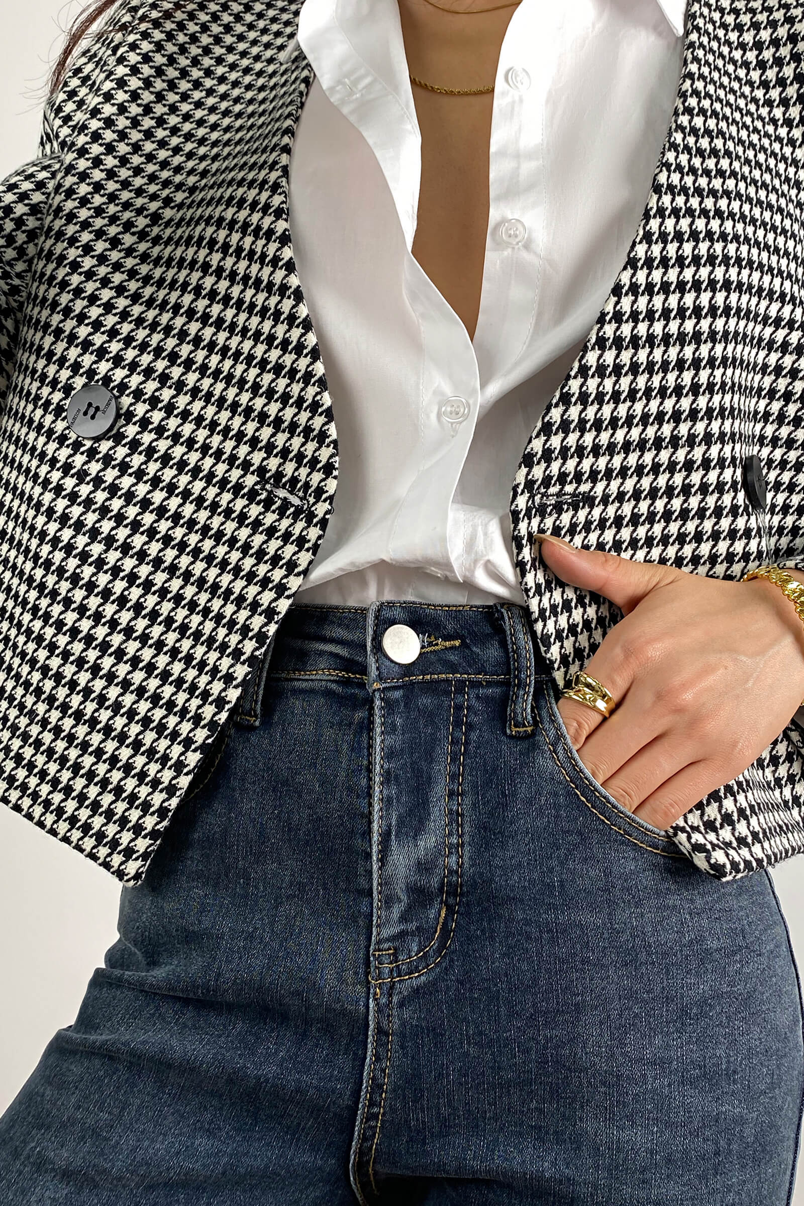 Black Houndstooth V-Neck Double-Breasted Jacket