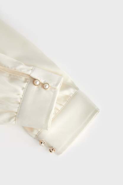 Ivory Satin Tie-Neck Long Sleeve Shirt