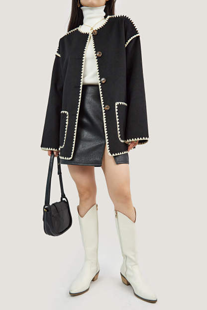 Black Contrast Drop Shoulder Wool-Blend Tweed Coat with Scarf