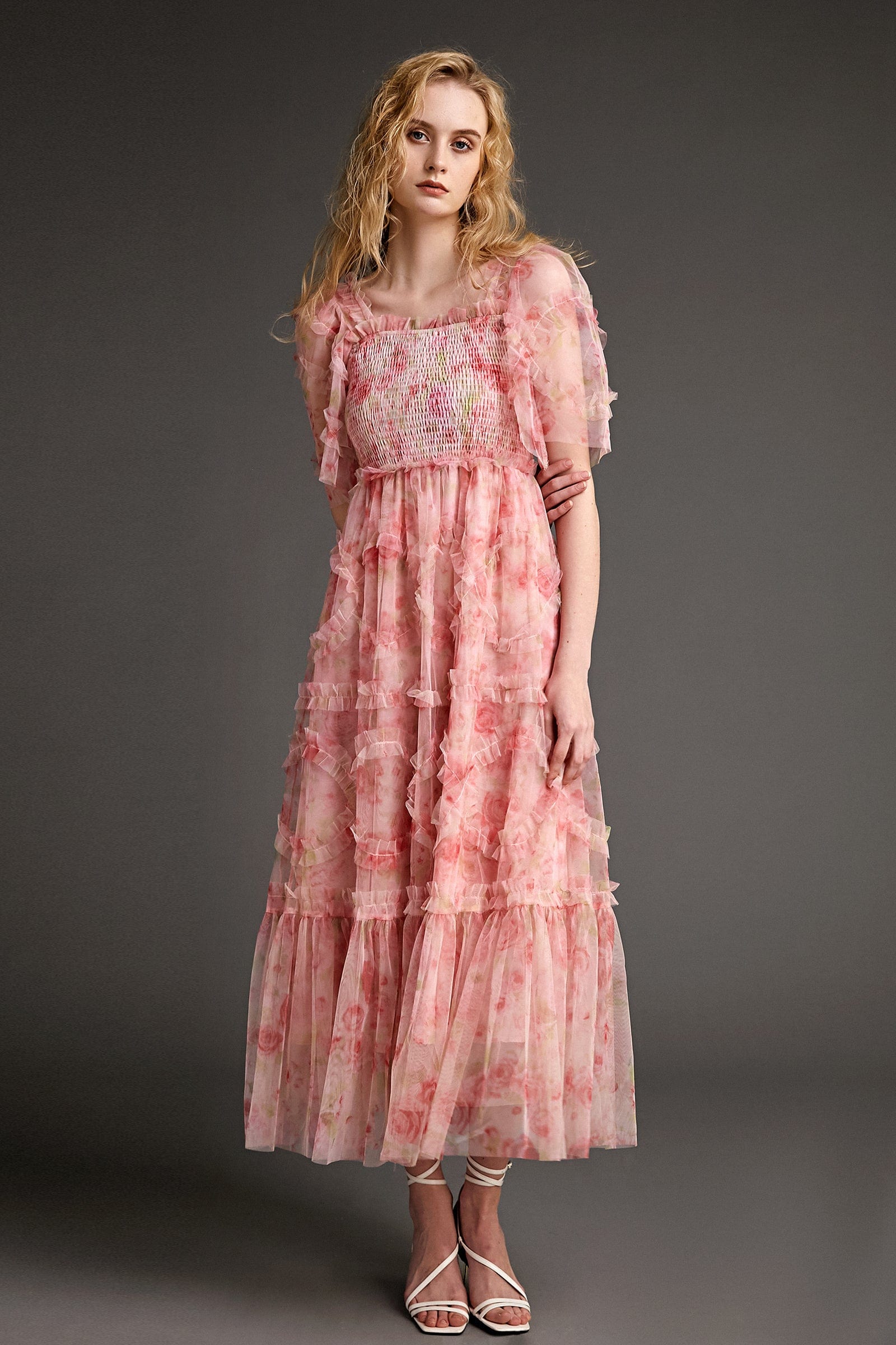 Pink Ruffled Smocked Floral Print Mesh Maxi Dress