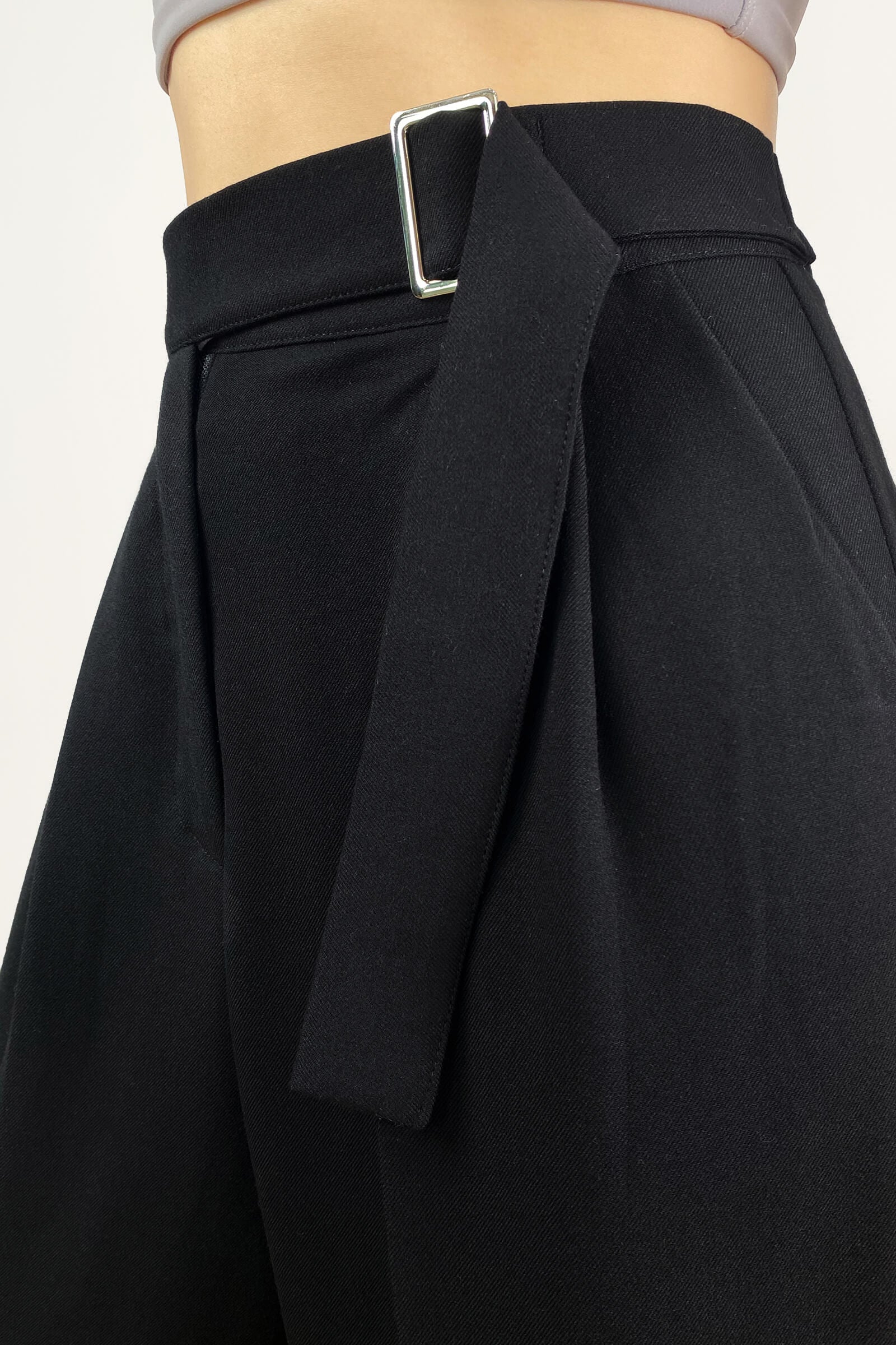 Black Buckle Strap Detail Pleated Front Wide Leg Pants