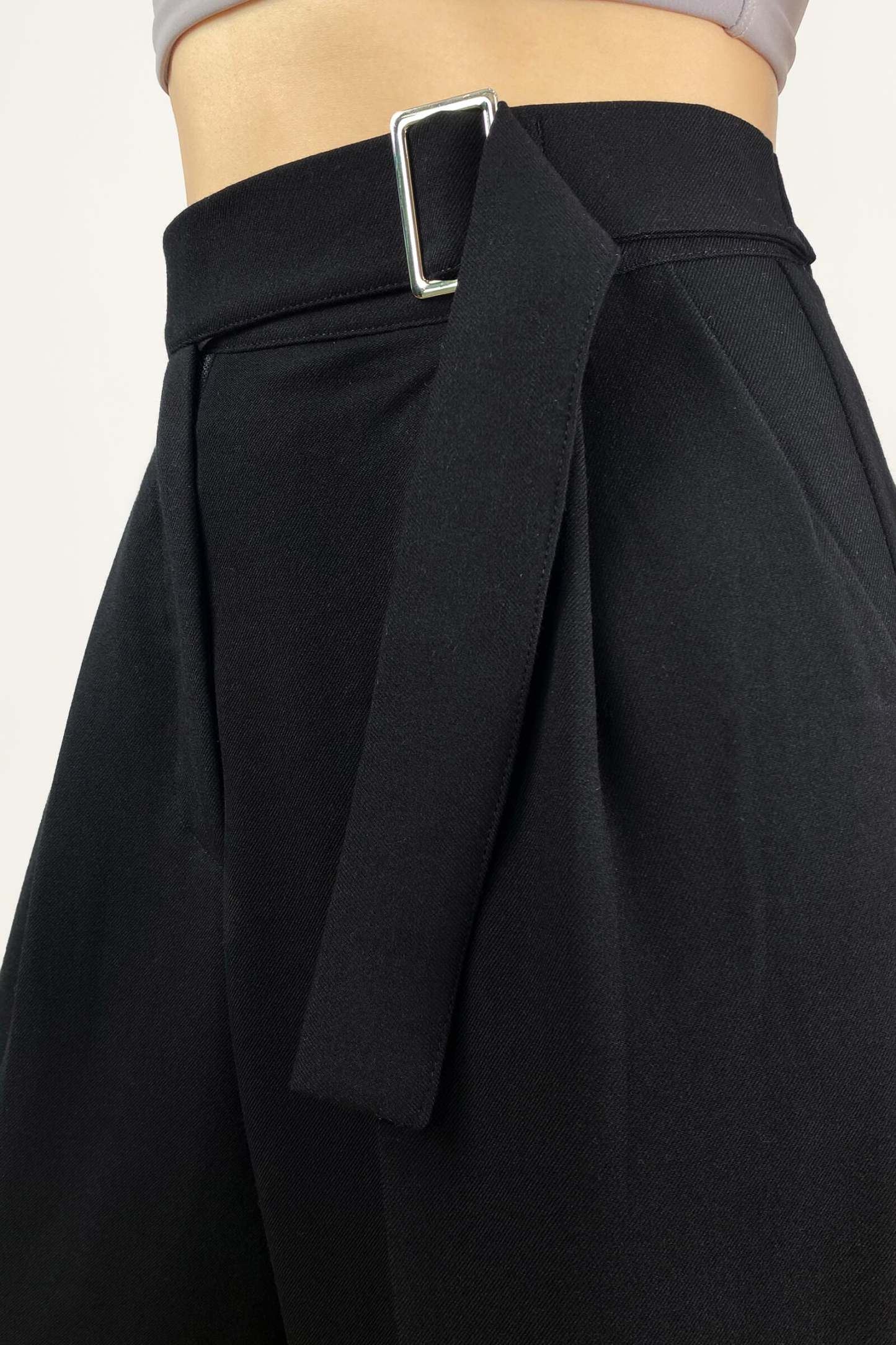 Black Buckle Strap Detail Pleated Front Wide Leg Pants