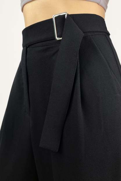 Black Buckle Strap Detail Pleated Front Wide Leg Pants