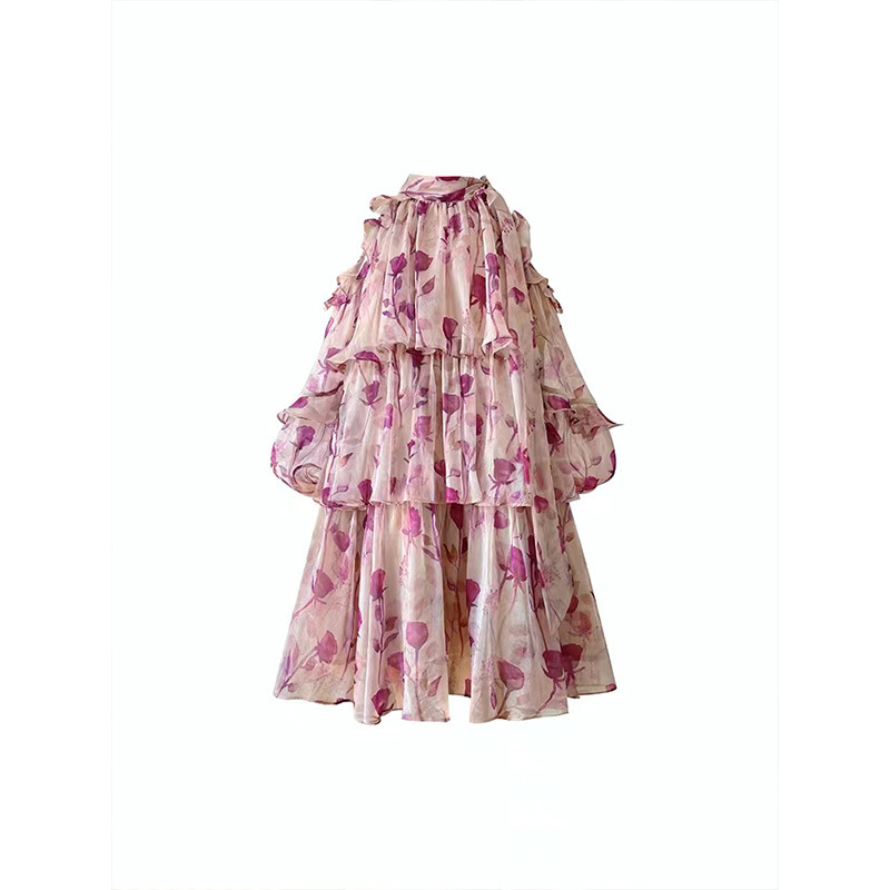 Pink Floral Print Neckline Bow Tie Mini Dress
