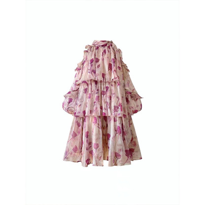 Pink Floral Print Neckline Bow Tie Mini Dress