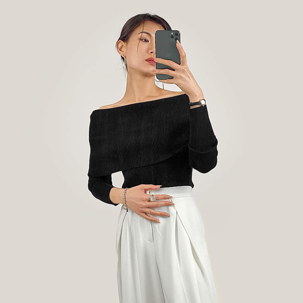 Black Off-the-Shoulder Ribbed Knit Sweater