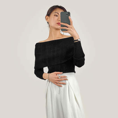 Black Off-the-Shoulder Ribbed Knit Sweater