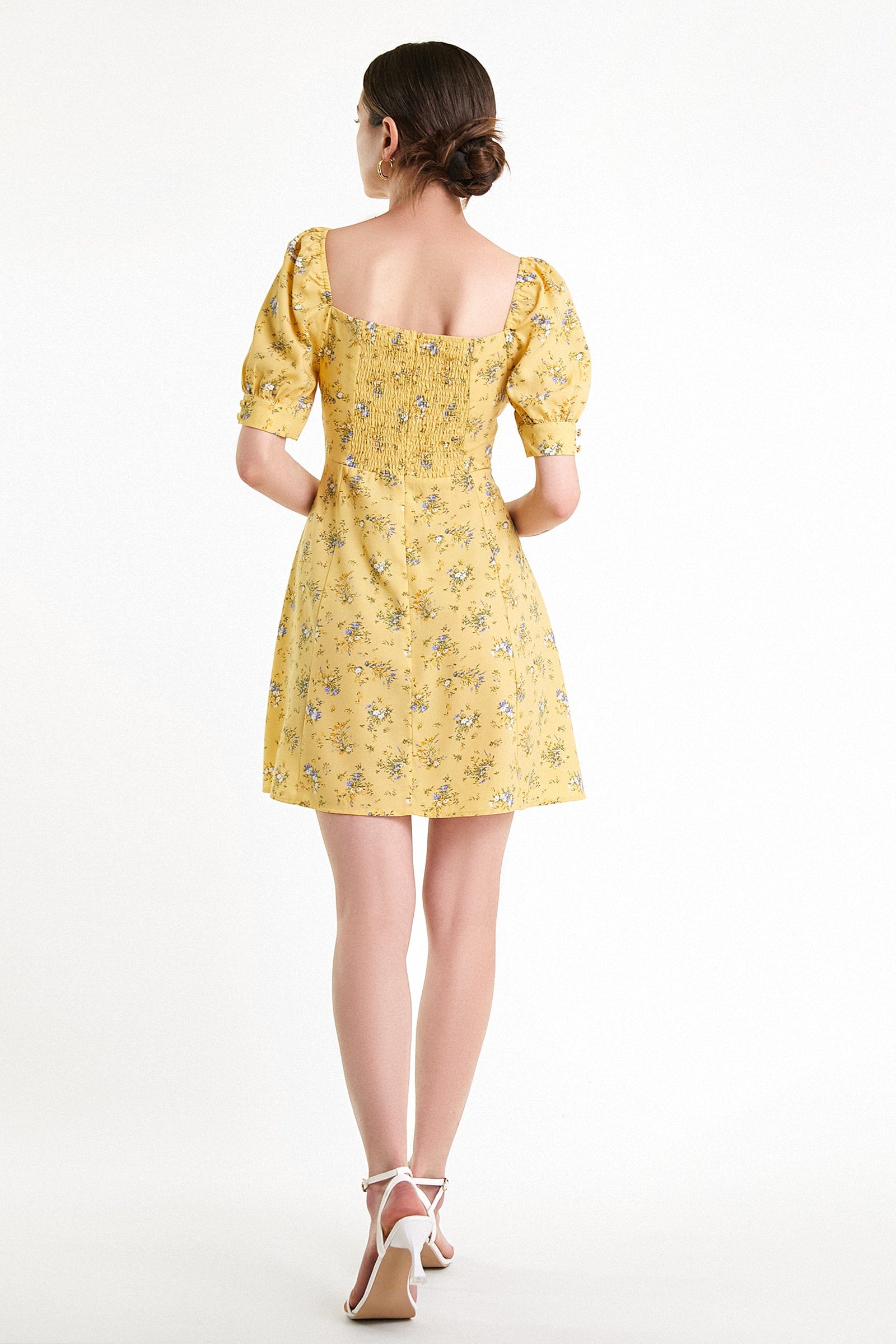 Yellow Floral Print Smocked Tiered Hem Mini Dress