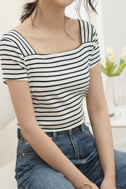 White Striped Square Neck T-Shirt