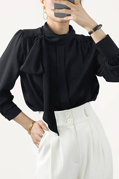 Black Long Sleeve Tie Neck Blouse