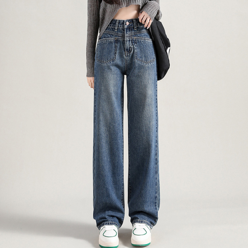 Blue High-Rise Straight-Leg Panel Pocket Jeans