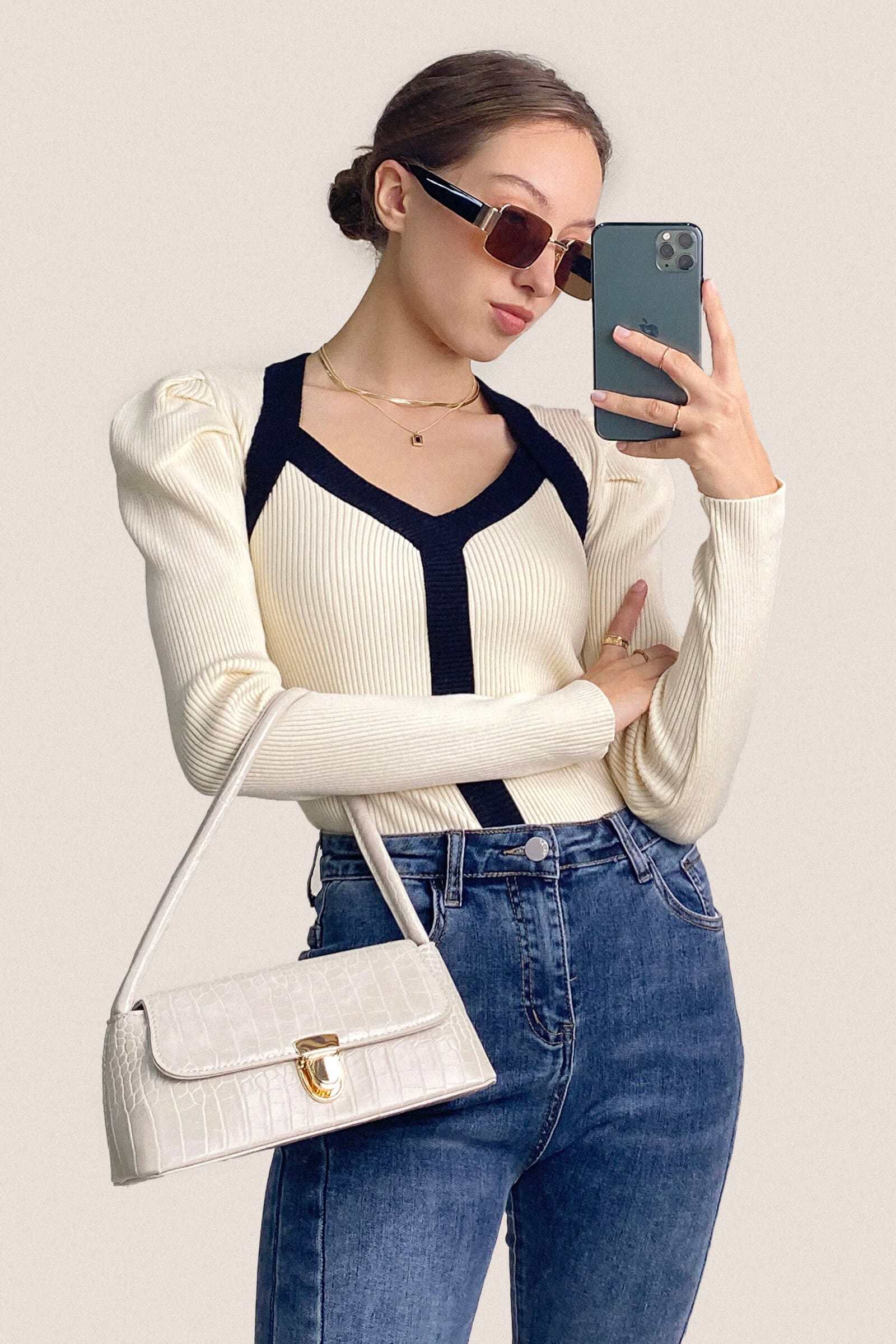 Ivory Ribbed Contrast Trim Sweater