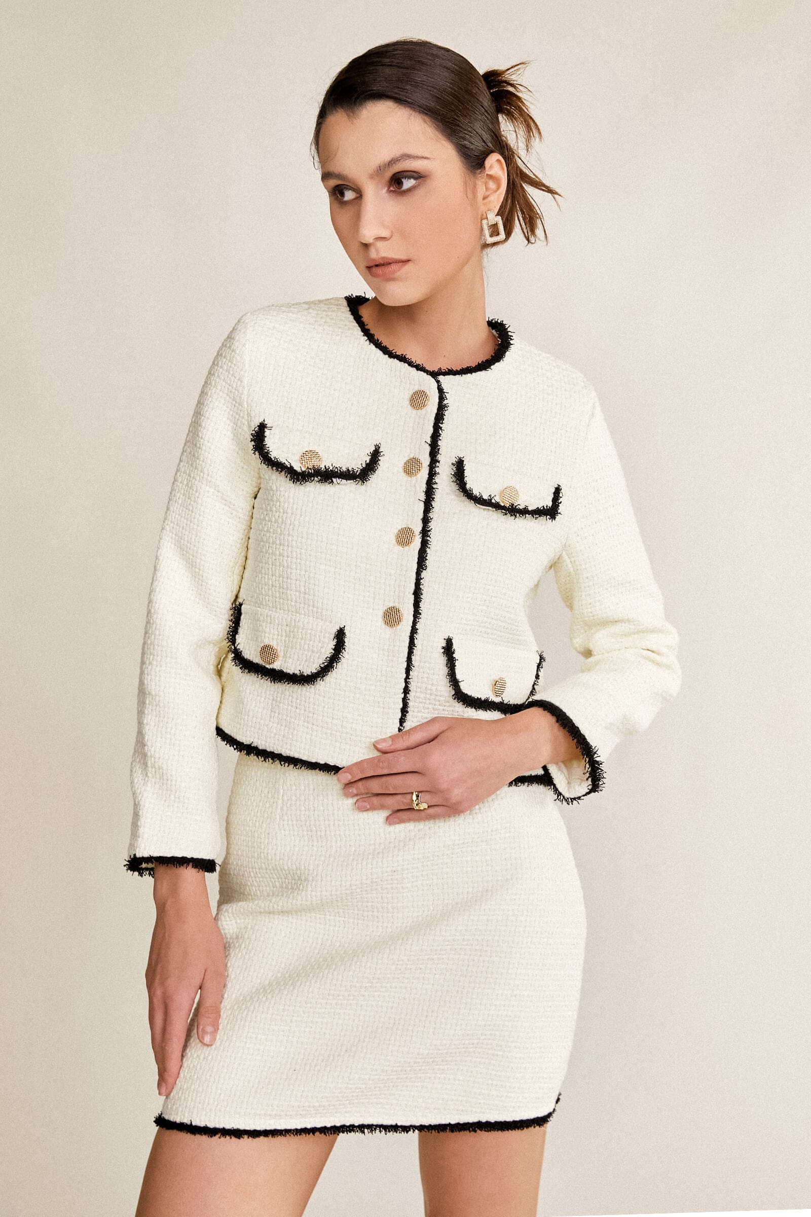 White Contrast Frayed Trim Tweed Jacket & Mini Skirt Two-Piece Set