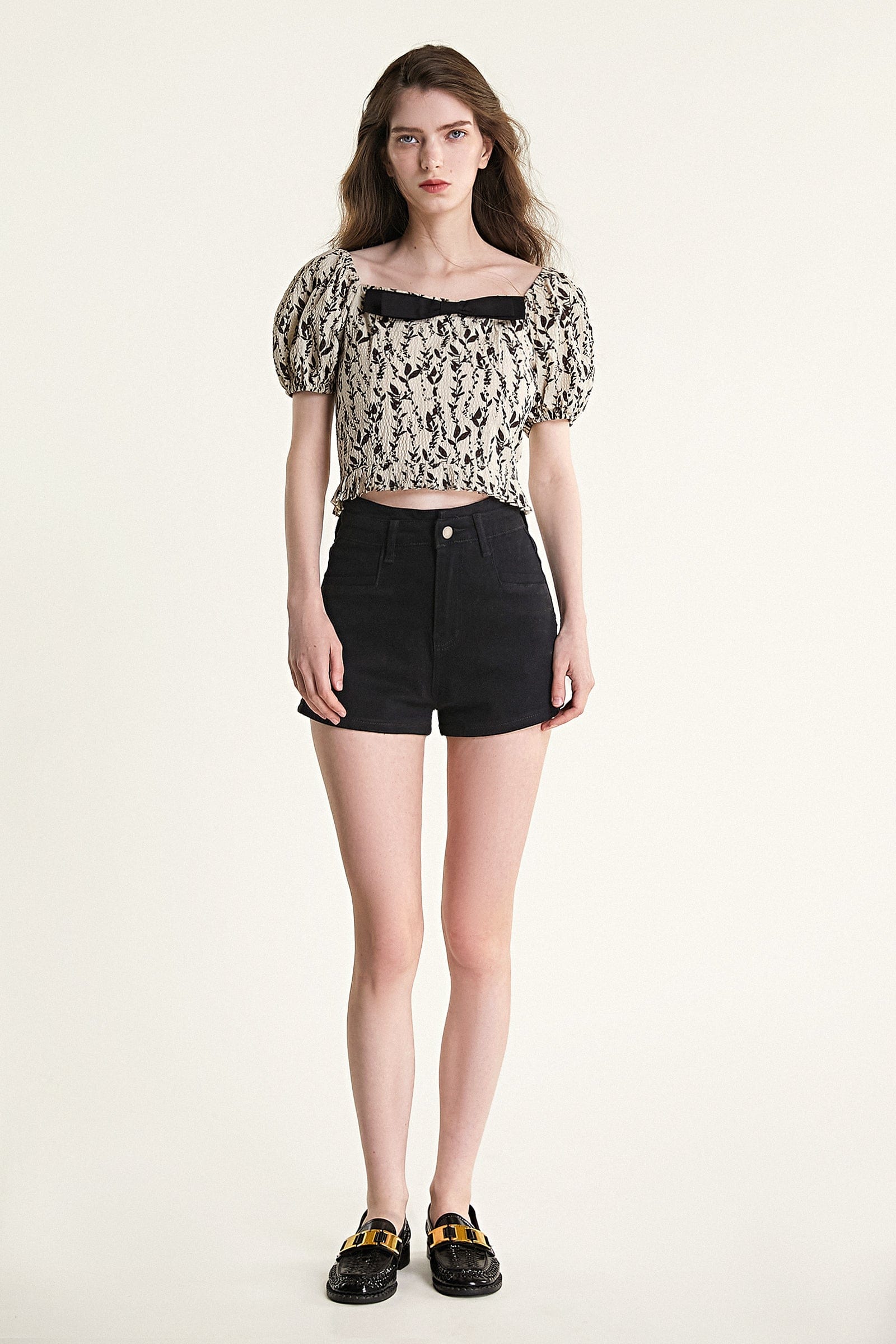 Beige Leaf Print Puff Sleeve Bow Detail Crop Top