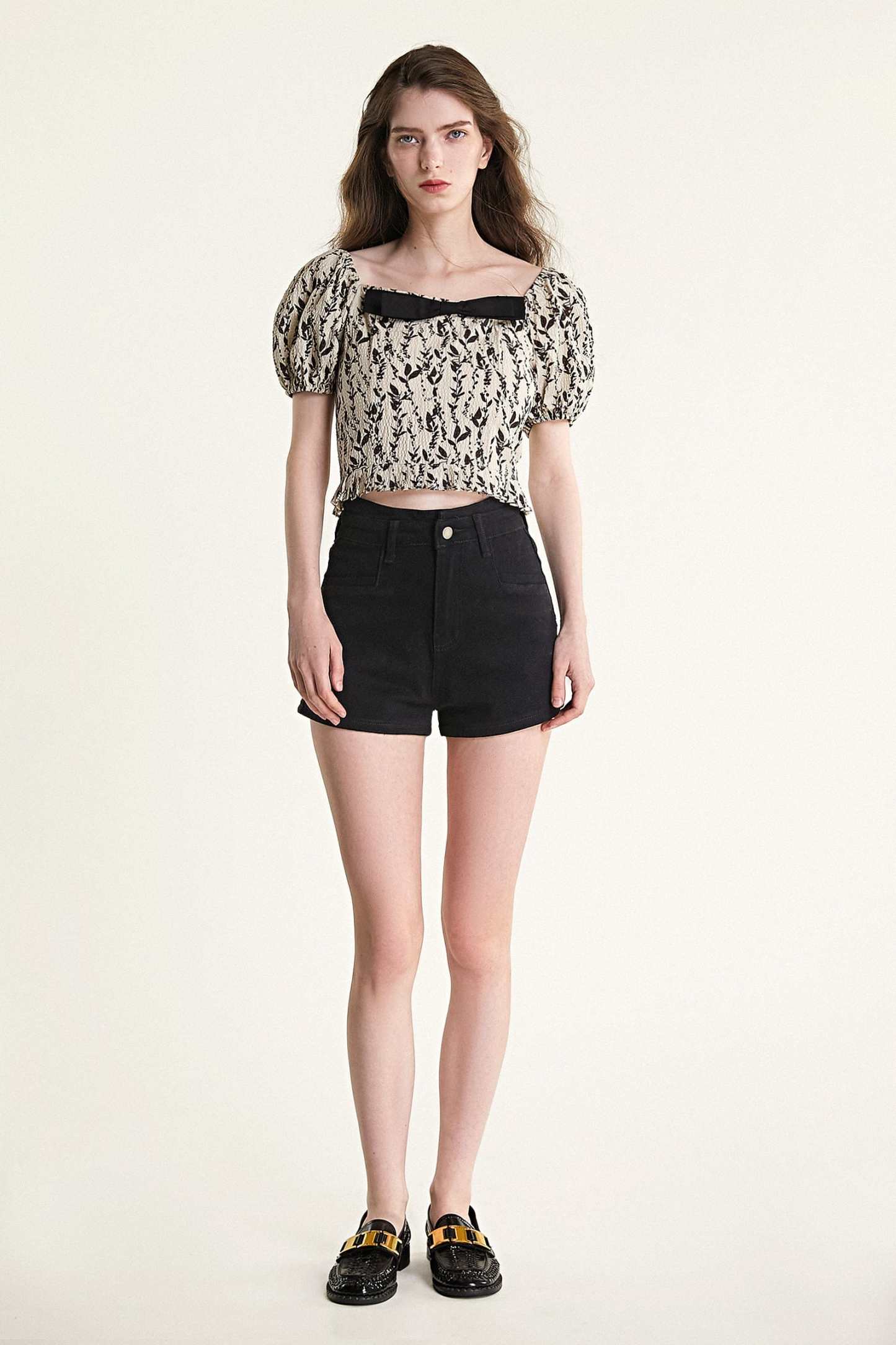 Beige Leaf Print Puff Sleeve Bow Detail Crop Top