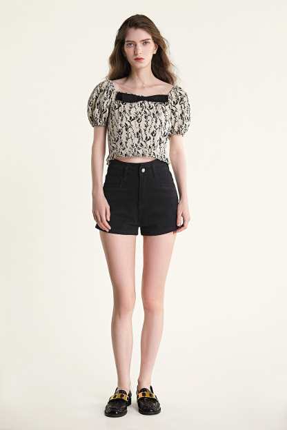 Beige Leaf Print Puff Sleeve Bow Detail Crop Top