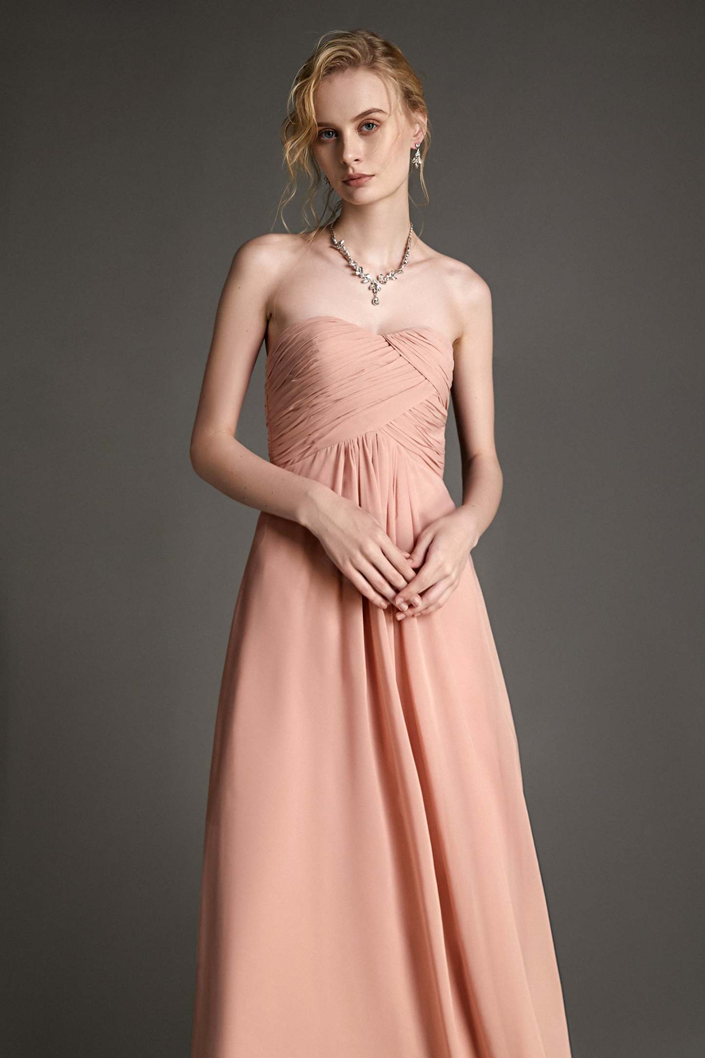 Pink Strapless Pleated Sweetheart Neck Maxi Dress