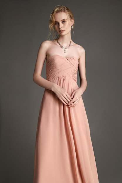 Pink Strapless Pleated Sweetheart Neck Maxi Dress