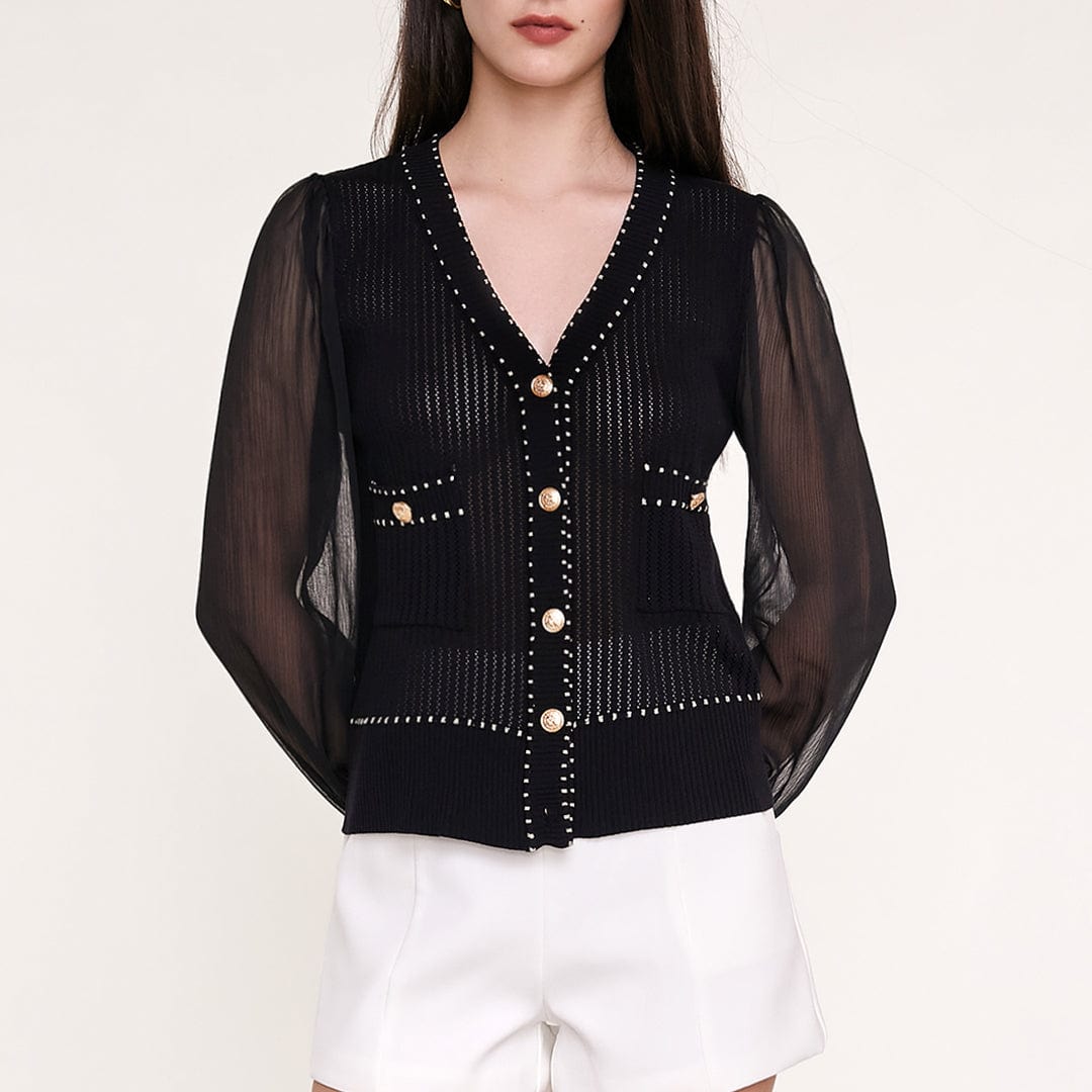 Black Sheer Long Sleeve Pointelle-Knit Cardigan With Gold Buttons