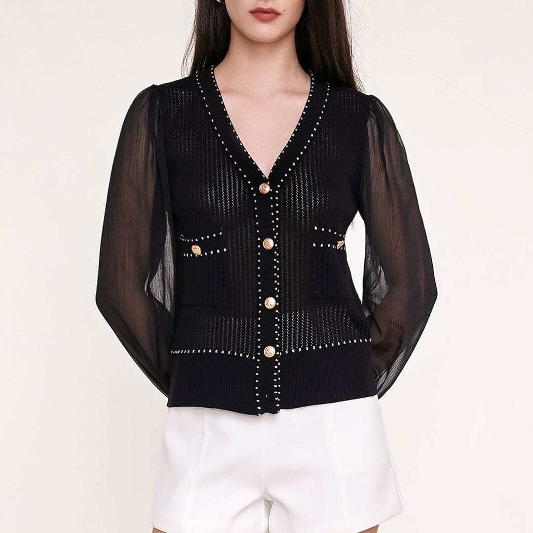 Black Sheer Long Sleeve Pointelle-Knit Cardigan With Gold Buttons