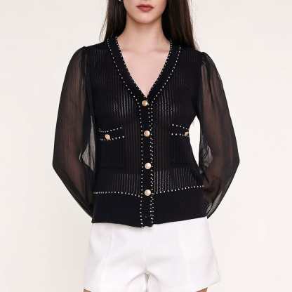 Black Sheer Long Sleeve Pointelle-Knit Cardigan With Gold Buttons