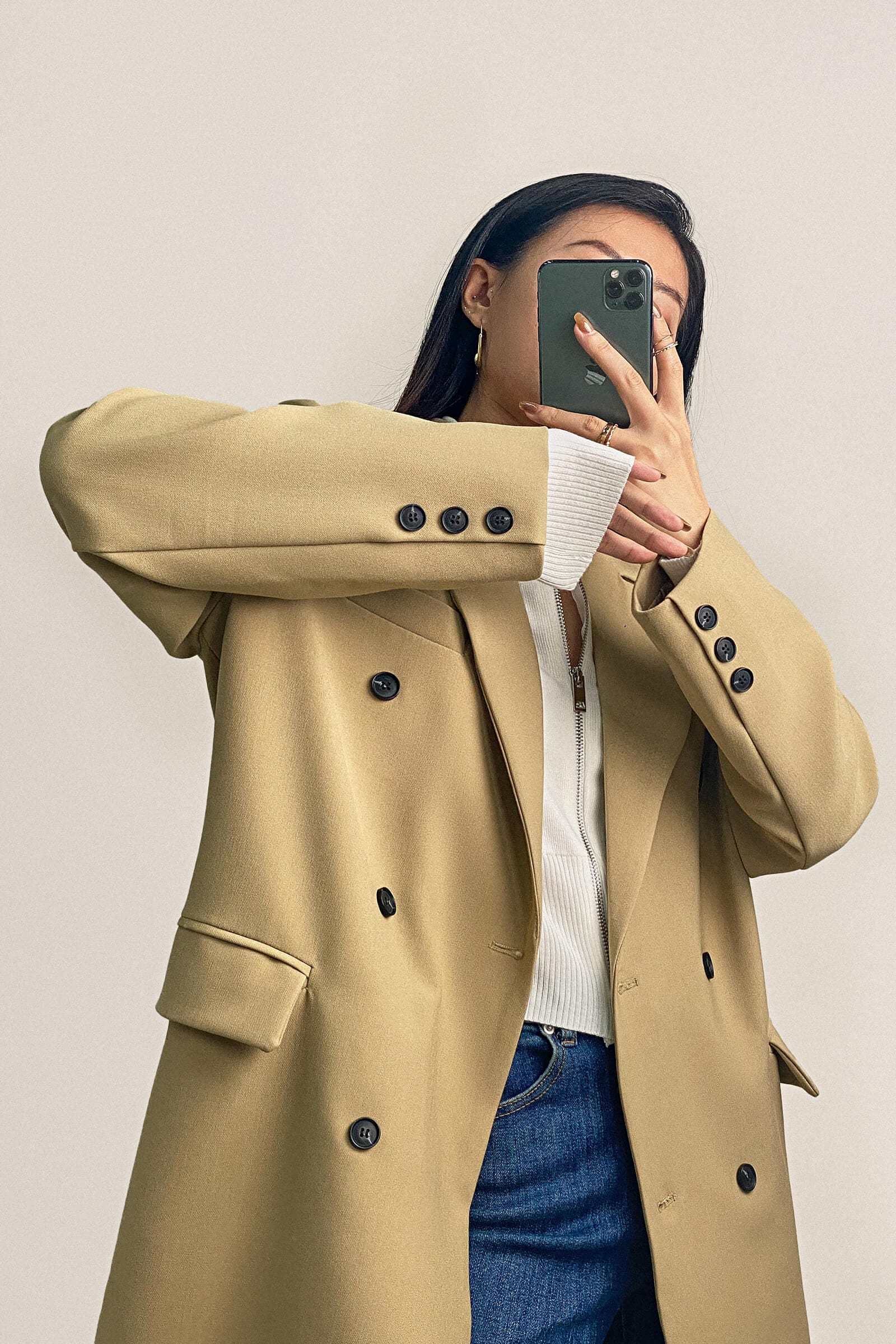 Khaki Padded Shoulder Double-Breasted Longline Coat