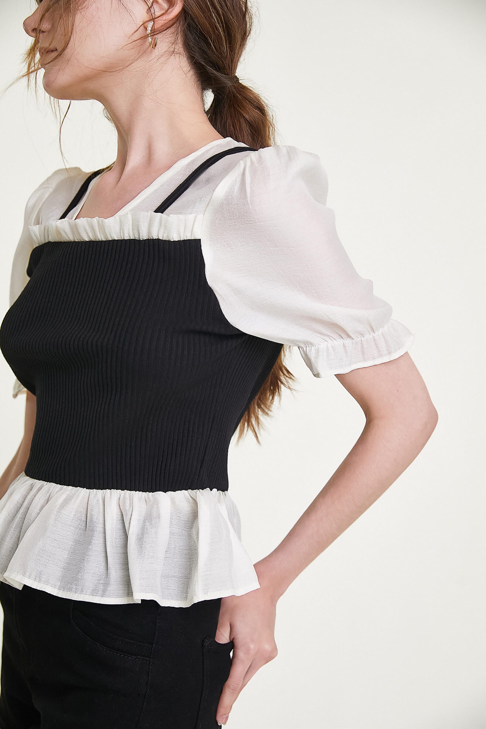 Black Ribbed Ruffled Patchwork Blouse