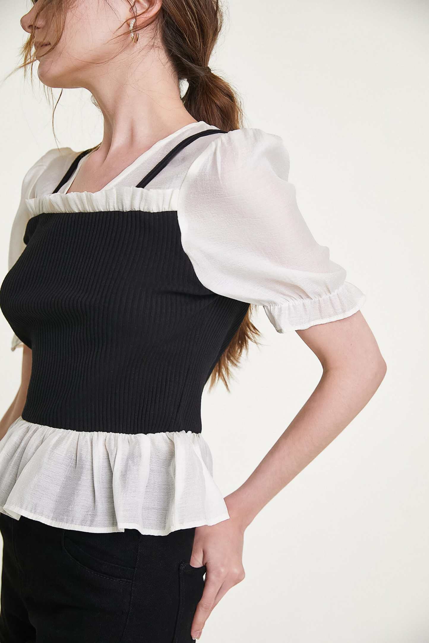 Black Ribbed Ruffled Patchwork Blouse
