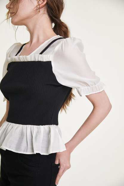 Black Ribbed Ruffled Patchwork Blouse