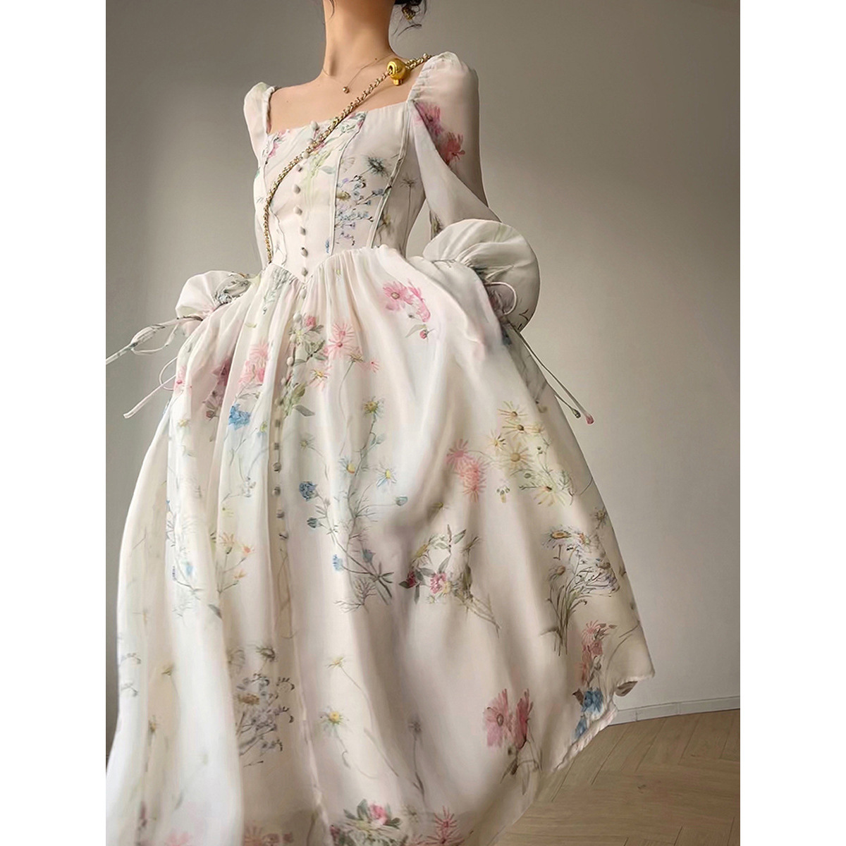 French Print Long-Sleeved Dress