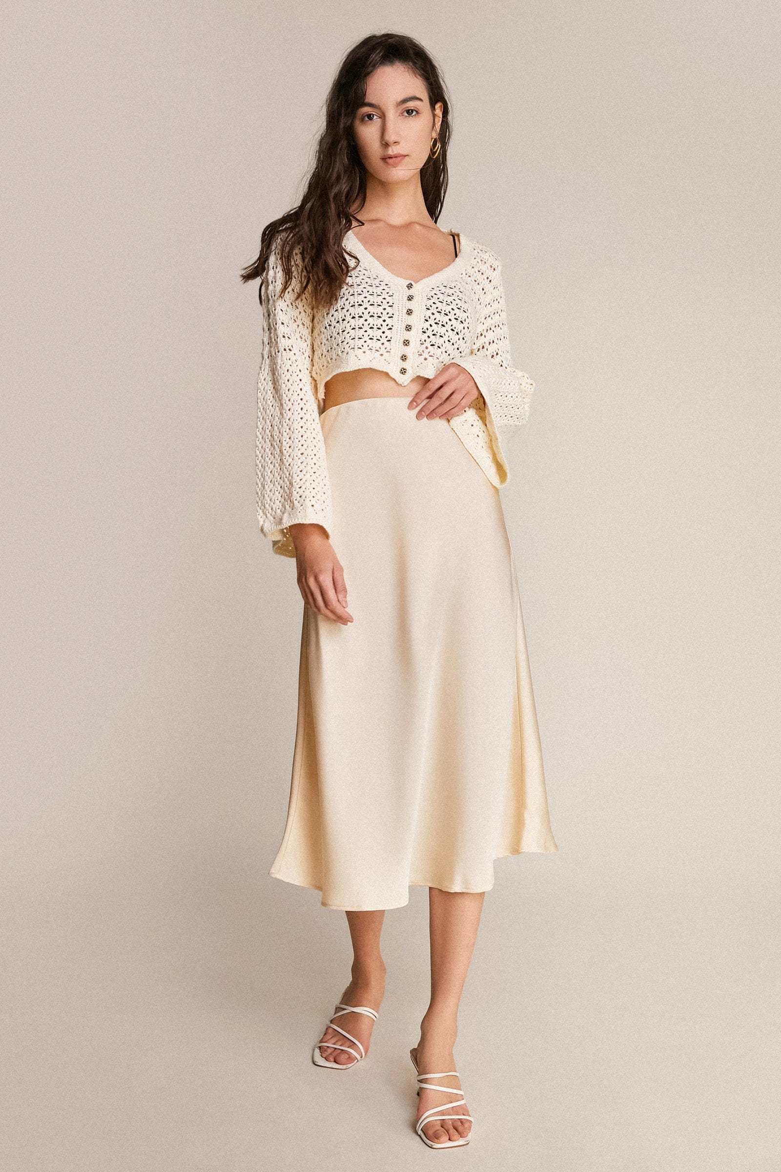 Ivory Satin High Rise A-Line Midi Skirt
